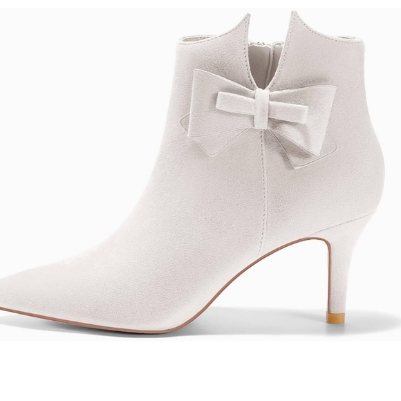 Ermonn Pointed Toe Bow Ankle Boots Faux Suede Stiletto Heels Side Zipper Booties - Picture 2 of 4
